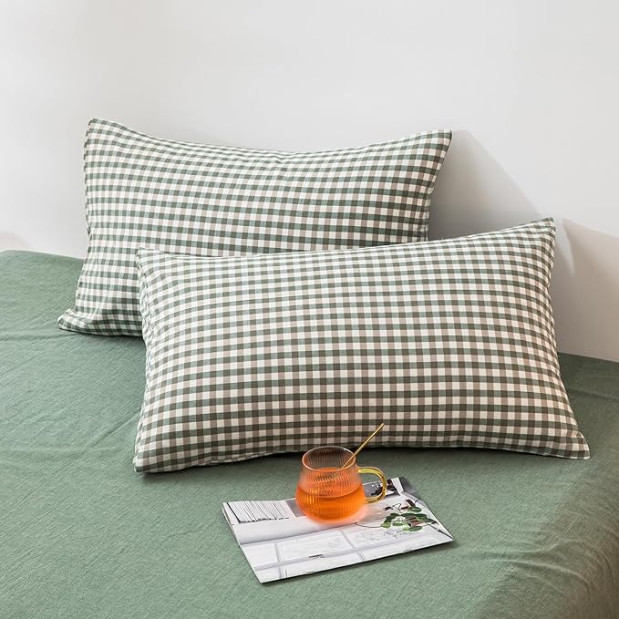 mixinni Green Gingham Comforter Set California King, Plaid Comforter Set 3 Pieces 1 Green Grid Comfoter with 2 Pillow Cases for All Seasons, Soft Fluffy Modern Grid Pattern Printed Bedding