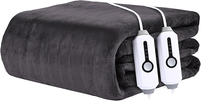 Electric Heated Blanket 84"x90" Queen Size - 4 Heat Settings & Dual Controllers, 10H Auto Shut Off, Ultra-Soft Coral Fleece Heated Blanket with Overheat Protection, Dark Gray