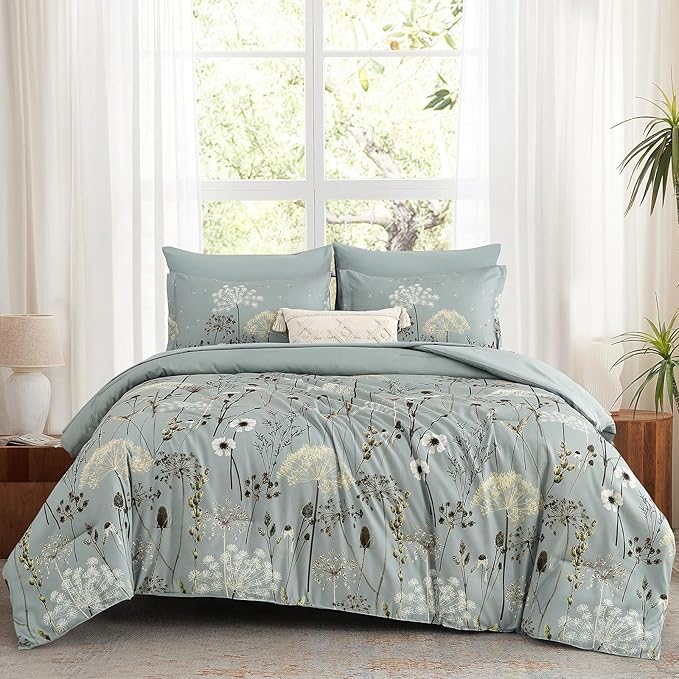 Yiran Dusty Blue Floral Comforter Set Queen Size, 7 Piece Dandelion Botanical Comforter Bedding Set, Bed in a Bag Queen, Soft Microfiber Complete Bedding Set with Sheets for All Season