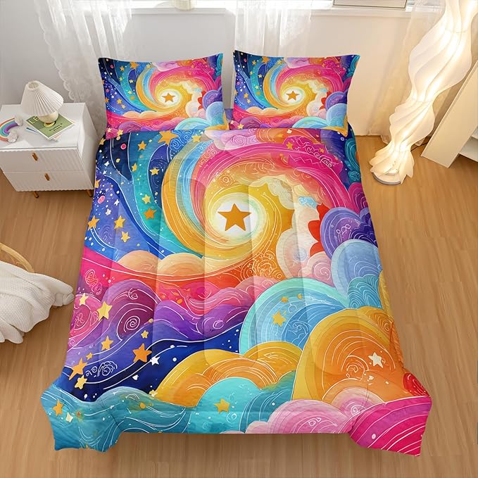 Watercolor Rainbow Pattern Comforter Modern Abstract Comforter Set,Rainbow Dreams Bedding Set Queen Size,Mordern Art Decor All Season Lightweight Soft Microfiber with 2 Pillow Shams