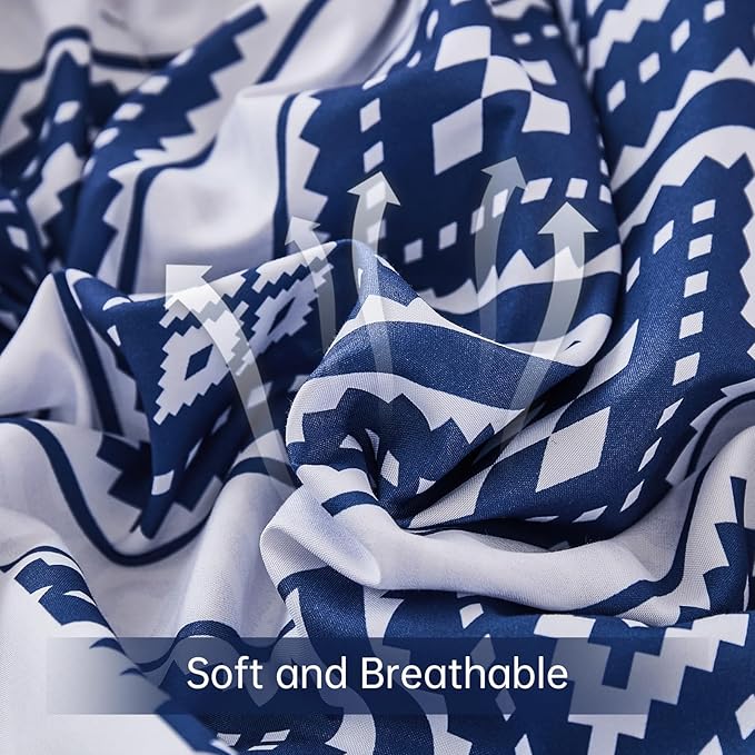 Luxudecor Blue Comforter Set King Size 7 Pieces,Boho Aztec Comforter with Sheet Set,Geometric Striped Pattern Bed in a Bag,Soft Microfiber Bed Set 104"x90"