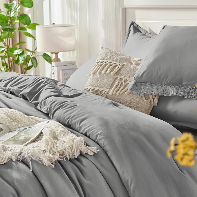 Andency Full Size Comforter Set Medium Grey -7 Pieces Boho Tassel Bed in a Bag Soft Lightweight Bedding Sets, Fringe All Season Bed Set with Comforter, Sheets, Pillowcases & Shams
