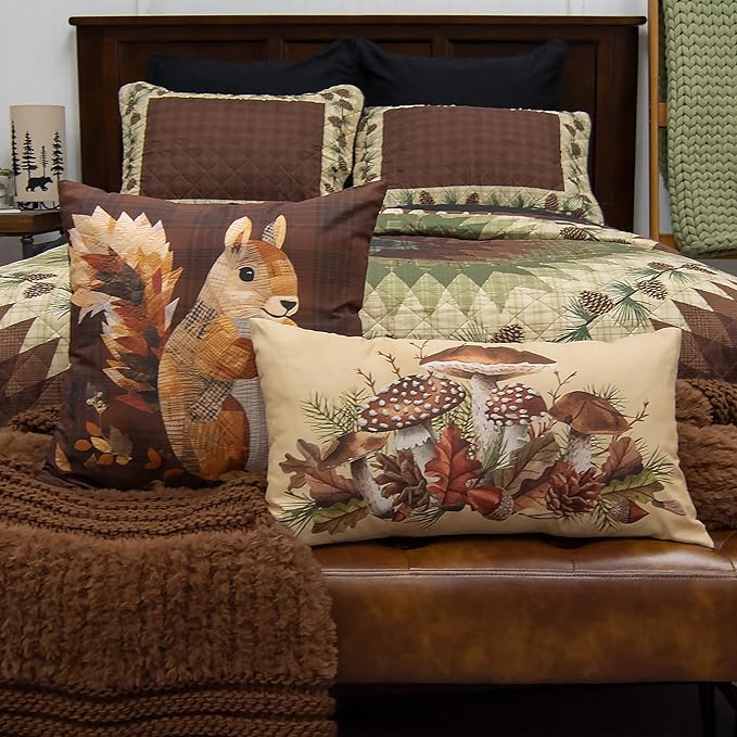 Donna Sharp 2-Piece Pine Circle Squirrel and Mushroom Nature Themed Decorative Throw Pillow Set - Pillows for Couch, Sofa, Beds, and Chairs - Includes 18" x 18" Square & 12" x 22" Rectangular Pillows