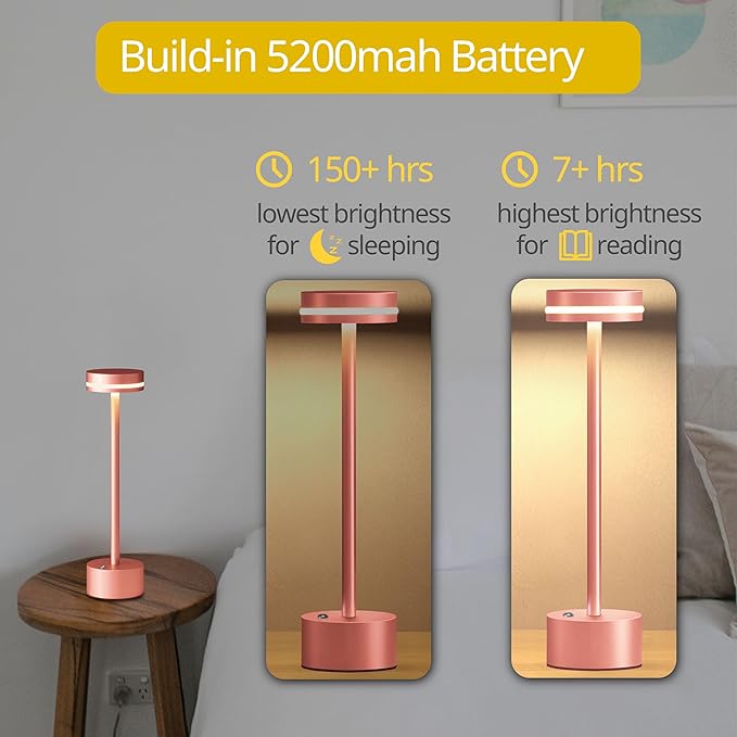 Cordless Table Lamp, Portable Rechargeable Bedside Lamp, Touch Stepless Dimmable Desk Lamp, for Home Bedroom Hotel Restaurant Bar Outdoor, 2 Set, Rose Gold