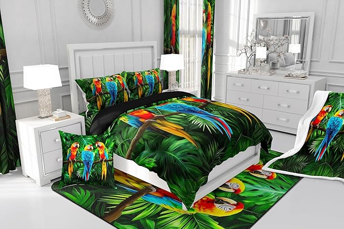 Parrot Bedding Twin Size,Watercolor Animal Feather Down Comforter,Palm Leaf Comforter Set for Kid Teens Boys Man,Modern Tropical Plant Birds Bedroom Decor 2 Pcs Bedding Set