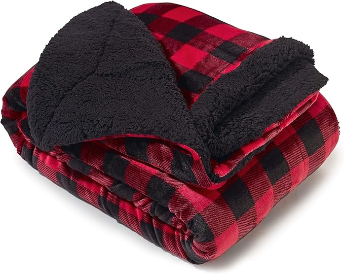 Genteele Sherpa Throw Blanket Super Soft Reversible Ultra Luxurious Plush Blanket, 60 x 70 inches, Buffalo Check Red/Black