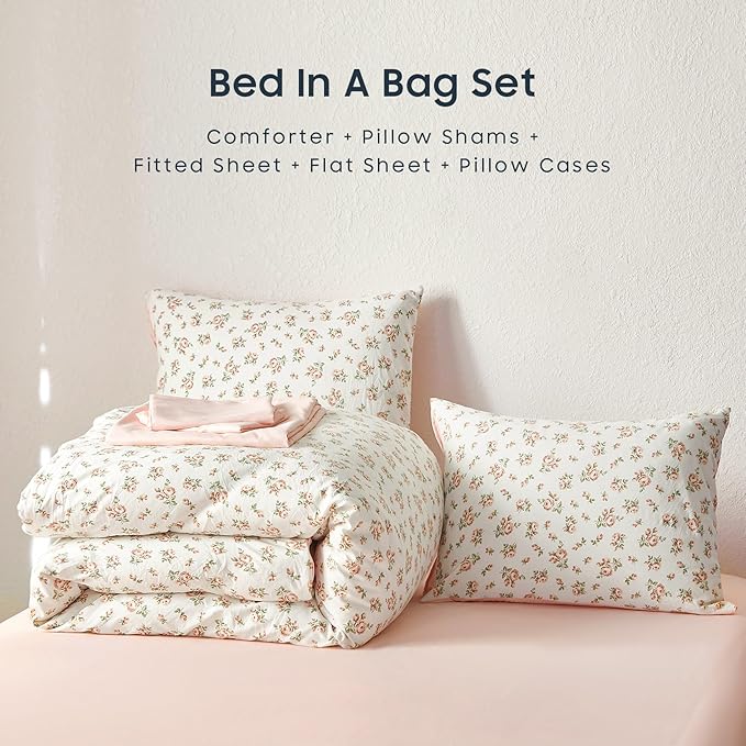 Wake In Cloud - Floral Comforter Set with Sheets, Coquette Cottagecore Aesthetic Flower Shabby Chic Pattern for Women Teen Girls, 7 Pieces Bed in a Bag, Peach Blush, Full Size