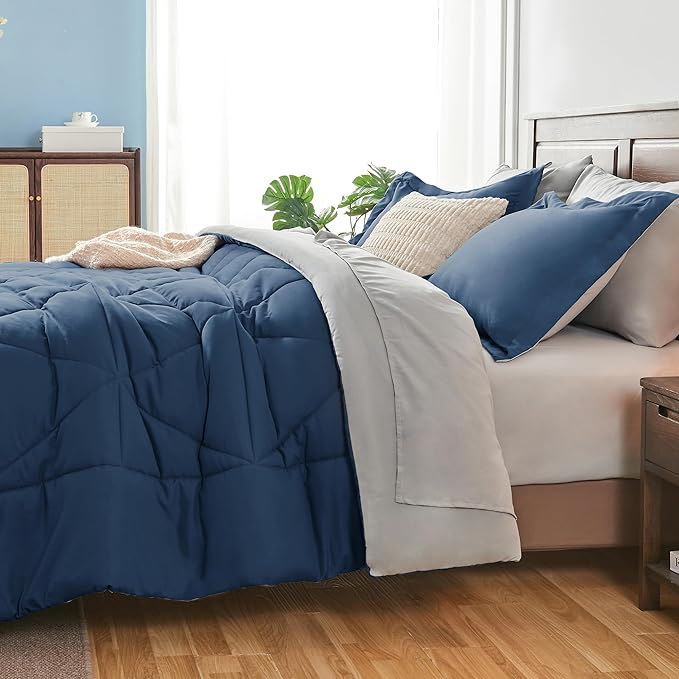 BEDELITE King Size Comforter Set 7 Pieces Bed in A Bag - Soft Microfiber Reversible Calm Blue Bed Set with Comforters, Sheets, Pillowcases & Shams, Cozy Luxury Bedding Sets for All Season