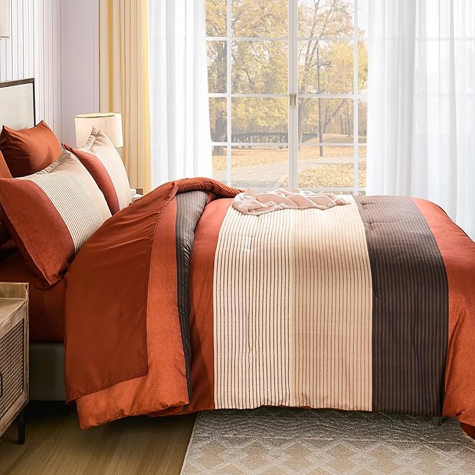 Anibedding King Size Terracotta Comforter Set 7 Pieces, Burnt Orange Bedding Comforter Set for All Season, Patchwork Striped Bed in a Bag with Sheets