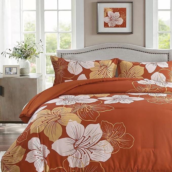 Menghomeus Burnt Orange Comforter Set Queen Gold Floral Comforter Terracotta Botanical Bedding Sets Soft Microfiber Thanksgiving Bed Comforter Set for All Season (1 Comforter, 2 Pillowcases)