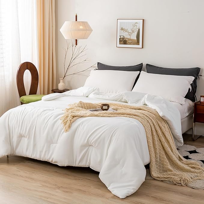 White Comforter Twin/XL Size Single Bed - Lightweight Super Soft Cozy Modern Polycotton Bedding Blanket Quilt Set for Kid Teen Boy Children All Season - 1 Solid Comforter and 1 Pillowcase