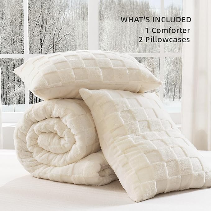 Litanika Fluffy Twin Size Comforter Set Beige, 3 Pieces Warm Sherpa Fleece Winter Bedding Set, Jacquard Checkered Plush Fuzzy Bed Set(1 Comforter, 2 Pillowcases)