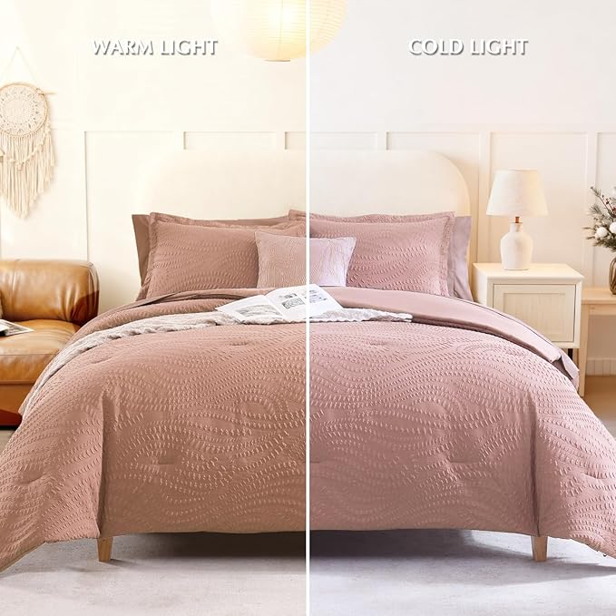 Geniospin Twin Comforter Set - 5 Pieces Dusty Pink Bedding Set, Botanical Textured Comforter Bed Set, All Season Lightweight Bed in a Bag with Comforter, Sheets, Pillowcases & Shams