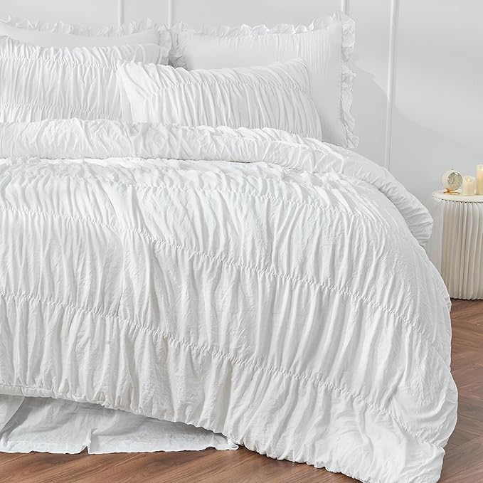 Bonlino King Size Comforter Set - Ruched White Comforter King Bed Set Boho Shabby Chic Bedding - Fluffy 3 Piece Ruffle Comforter Set with Pillow - Soft and Luxury