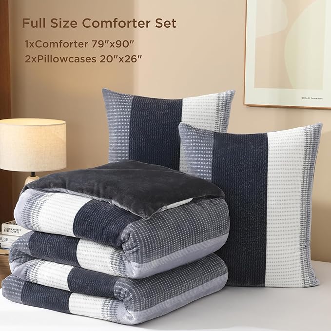Litanika Fluffy Fleece Full Size Comforter Set, Luxury Soft Plush Fuzzy Dark Grey Stripe Bedding Comforter Sets, Warm Shaggy Faux Fur Bed Set All Season (1 Comforter, 2 Pillowcases)