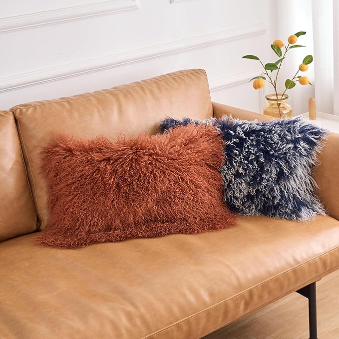 Genuine Mongolian Lamb Fur Pillow Cover – 12"x20" Rectangular Cushion Case – Soft Curly Wool Decorative Accent for Sofa, Bed, or Chair (Warm Terracotta)