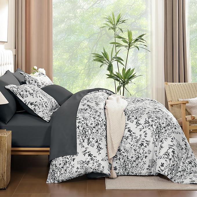 WONGS BEDDING Comforter Set King, 8 Pieces Black Gray Floral Botanical Plants Print Comforter, Soft Fluffy Microfiber Complete Bed in a Bag Bedding Sets for All Season (90"x104")
