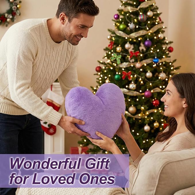 Nydotd Heart Pillows Cute Fuzzy Throw Pillow Purple Love Heart Shaped Decorate Pillows for Bed Livingroom Sofa Gifts Home Decor Cushion Small 11.8" x 10"