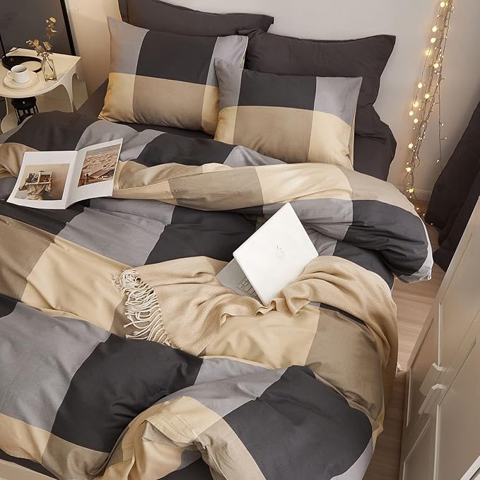 HighBuy King Size Comforter Set Khaki Plaid Comforter Sets King Gingham Checkered Grid Bedding Comforter Modern Geometric Pattern King Bed Comforter Set for All Seasons with 2 Pillowcases