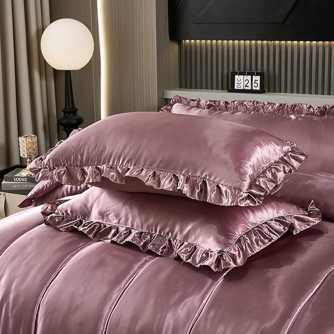 Blush Pink Queen Comforter Set Silk Like Satin Bedding Set 4 Pcs Hotel Soft Polyester Satin Bed Set Luxury Silky Body Pillow Cover Ruffle Down Comforter Home Decor