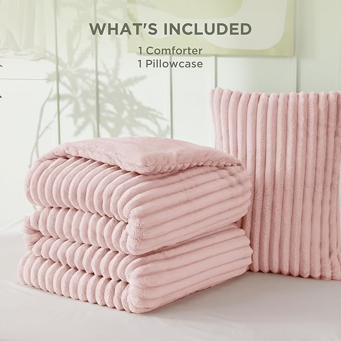 Bedsure Twin/Twin XL Comforter Set - GentleSoft™ 2 Pieces Fluffy Double-Side Fleece Comforter Set, Cozy Striped Room Decor Aesthetic, Luxury Pink Twin Bedding with 1 Pillowcase, 68x88 Inches