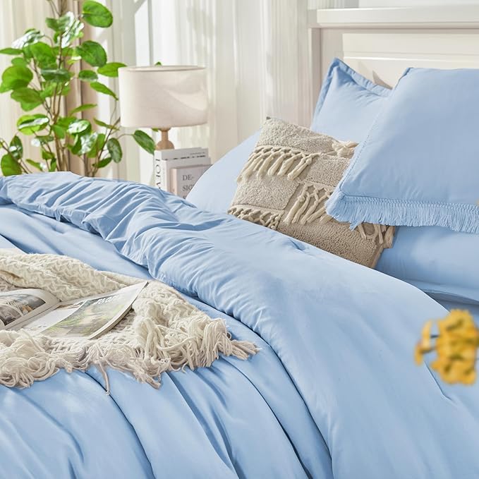 Andency California King Size Comforter Set with Sheets Light Blue - 7 Pieces Cal King Bed in a Bag Boho Bedding Sets, Bed Set with Comforter, Sheets, Pillowcases & Shams