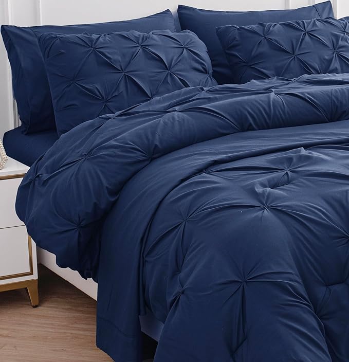 LANE LINEN California King Bed Set - 7 Piece Pintuck Detailing Year-Round Comfort Bed in a Bag - Soft Oversized Comforter, Sheets, Pillowcases & Shams - Clean Aesthetic Soft & Cozy Bed Set - Navy Blue | True Cal King, Oversized soft feel, Year round us...