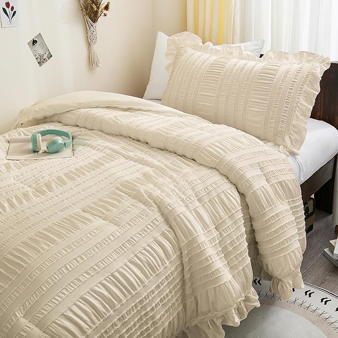 WONGS BEDDING Comforter Set Twin, 3 Pieces Ruffle for Dorm Room Essentials Comforter for Twin Bed, Beige Textured Bedding Set with 1 Ruffle Comforter, 2 Tufted Pillowcases 86"×68"