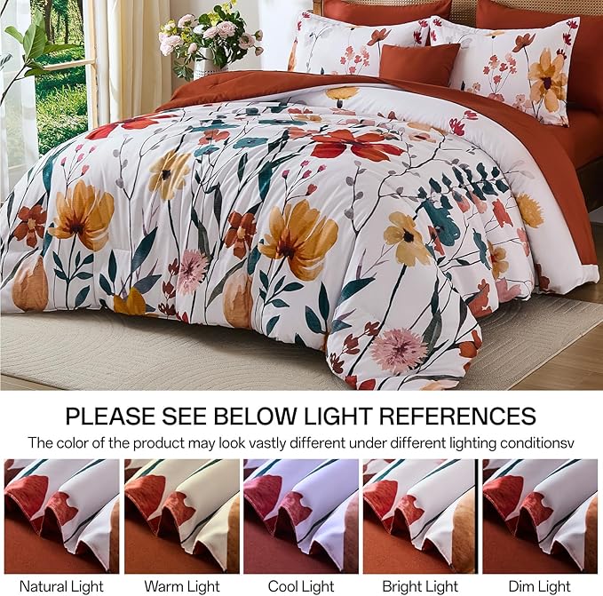 Anibedding 8Pieces Queen Comforter Set, Orange Watercolor Floral Queen Size Bed in a Bag Comforter Set with Pillowcase, Sheets for All Season