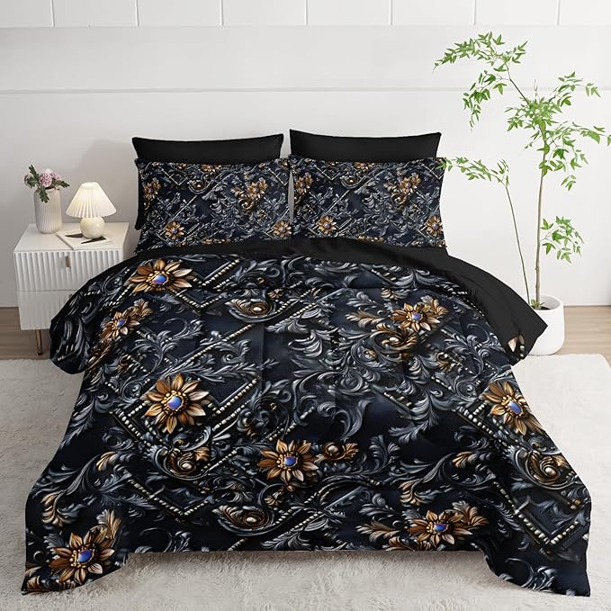 7 Piece Black and Gold Baroque Comforter Set Queen,Baroque Queen Bedding,(1 Comforter, 1 Flat Sheet, 1 Fitted Sheet, 2 Pillowcase and 2 Pillow Sham),Baroque Gothic Bedroom Decor