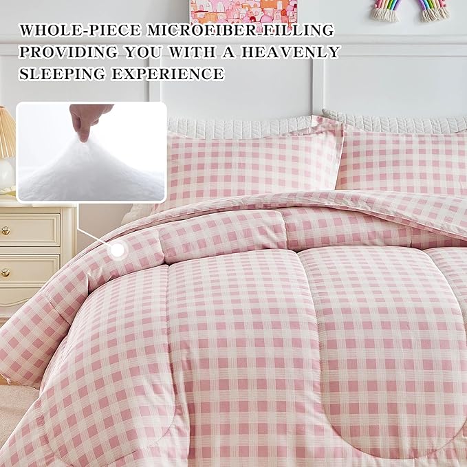 Joyreap 3pcs Cotton Comforter Set Queen, Pink Grid Gingham Check Design for Girls, Soft Cozy Lightweight Bedding Comforter Set for All Seasons- 88x88 inches