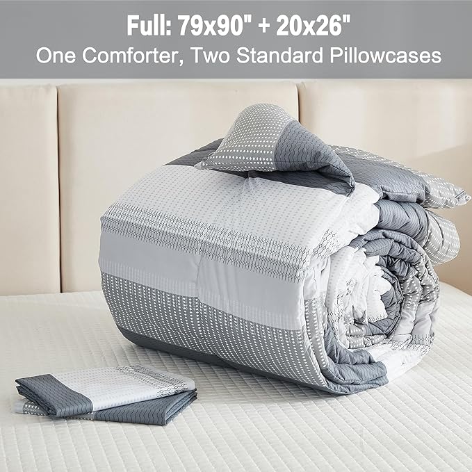 Litanika Comforter Full Size Bed Set Light Grey - 3 Pieces Lightweight Gray White Colorblock Stripe Fluffy Bedding Comforter Sets, All Season Bed Set