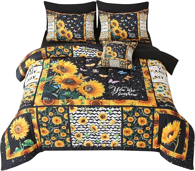 JQinHome Sunflower Comforter Set Full for Girls Women,8 Piece Bed in A Bag 3D Black Sunflower Theme Butterfly Bedding Set with Sheet Set(Black)