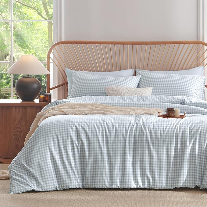 Nayoroom Gingham Comforter Set Queen Size Blue Plaid Checkered Comforter 3 Pieces Soft Lightweight Grid Dorm Bedding Set for All Seasons (1 Comforter, 2 Pillowcases)
