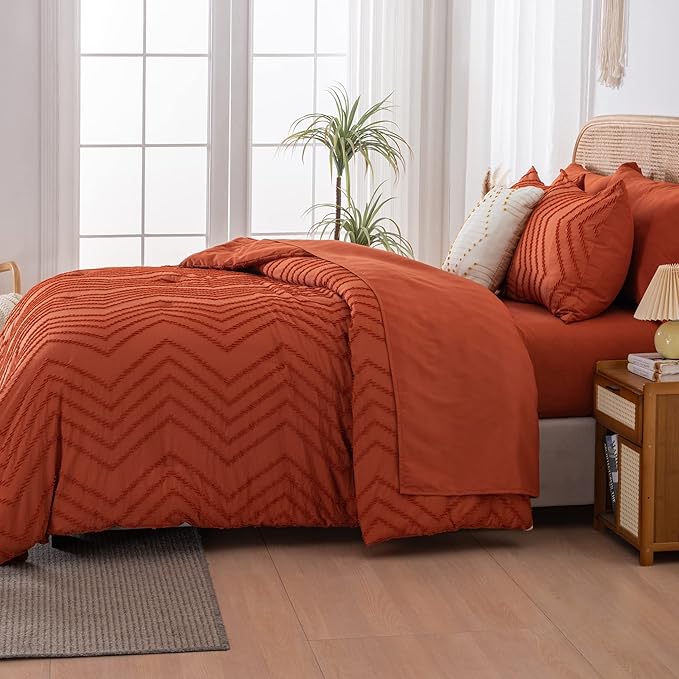 Litanika Super King Plus Size Comforter Set with Sheets Terracotta - 7 Pieces Bed in a Bag Oversized King Boho Tufted Complete Bedding Sets with Comforter, Sheets, Pillowcases & Shams