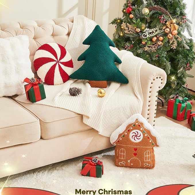 Christmas Tree Pillows Set of 2 Christmas Pillows. Tree Shaped Throw Pillows Xmas Plush Decorations Pillow Gingerbread House Candy Pillow for Thanksgiving Home Decor. Xmas Decor for Party