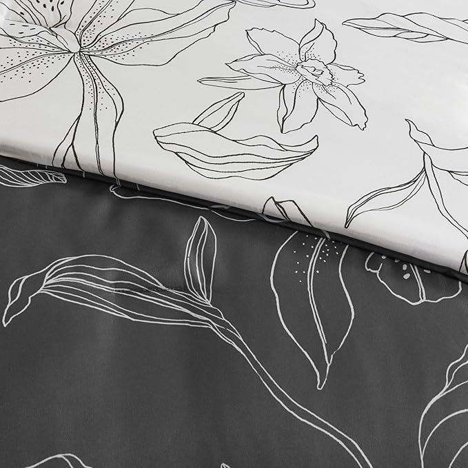 Madison Park Essentials Cozy Bed In A Bag Comforter with Complete Cotton Sheet Set - Trendy Floral Design All Season Cover, Decorative Pillow, Full(78"x86"), White/Charcoal 9 Piece