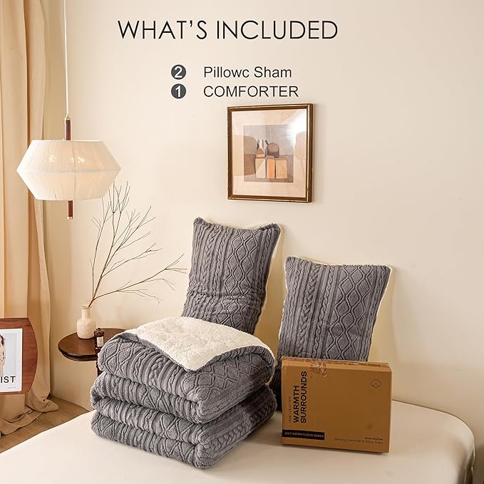 Ultra-Soft Warm Plush Sherpa Fleece Down Comforter Queen Size - Thickened Boho 3D Jacquard Reversible Bedding Comforter Set Fluffy Surface for Cozy Autumn and Winter Nights (Full/Queen,Grey)