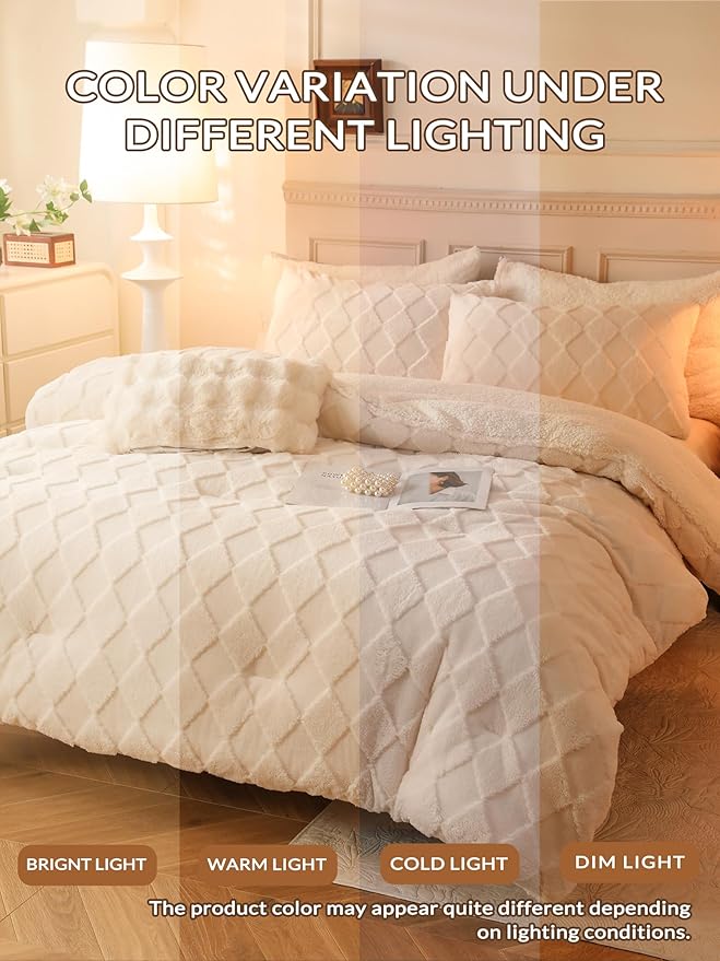 Tufted Fleece Comforter Set Queen - Super Soft Warm Fluffy Shaggy Bedding Sets, Diamond Plaid Jacquard Bed Set for Winter, 1 Sherpa Comforter with 2 Pillow Cases (90"X90" Ivory White)