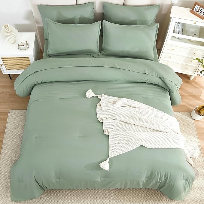 Litanika Comforter Queen Size Set Sage Green - 7 Pieces Bed in a Bag Queen Bedding Comforter Sets, Plain Lightweight Bed Set with Comforter, Sheets, Pillowcases & Shams