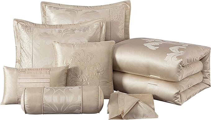 Chezmoi Collection Royale 7-Piece Jacquard Floral Comforter Set, Full/Double, Champagne