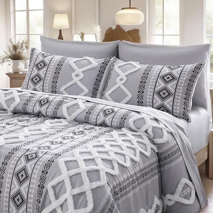 MOVE OVER Gray Tufted Comforter Set Queen Size 5 Pieces Bohemian Style Geometric Tufted Bedding Set Farmhouse Boho Aztec Comforter Set with 2 Decor Pillow Covers for Room Decor