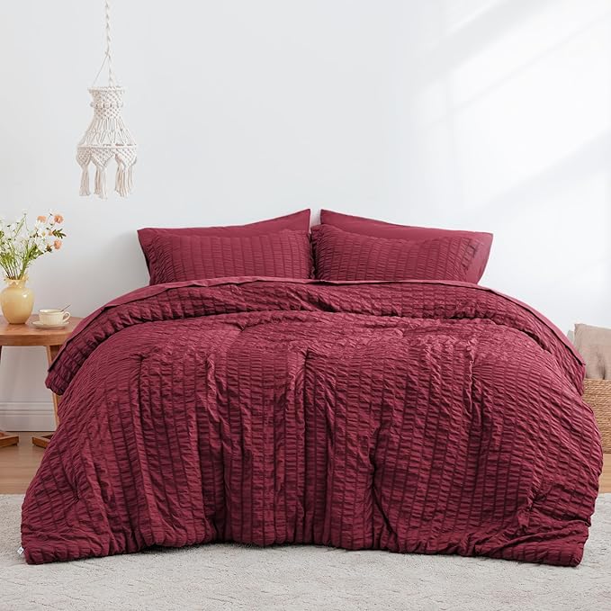Love's cabin Seersucker Burgundy King Size Comforter Set, 7-Piece All Season Lightweight Bed in a Bag Bedding Set with Comforter, Flat Sheet, Fitted Sheet, Pillowcases and Shams | Soft, Breathable, Lightweight