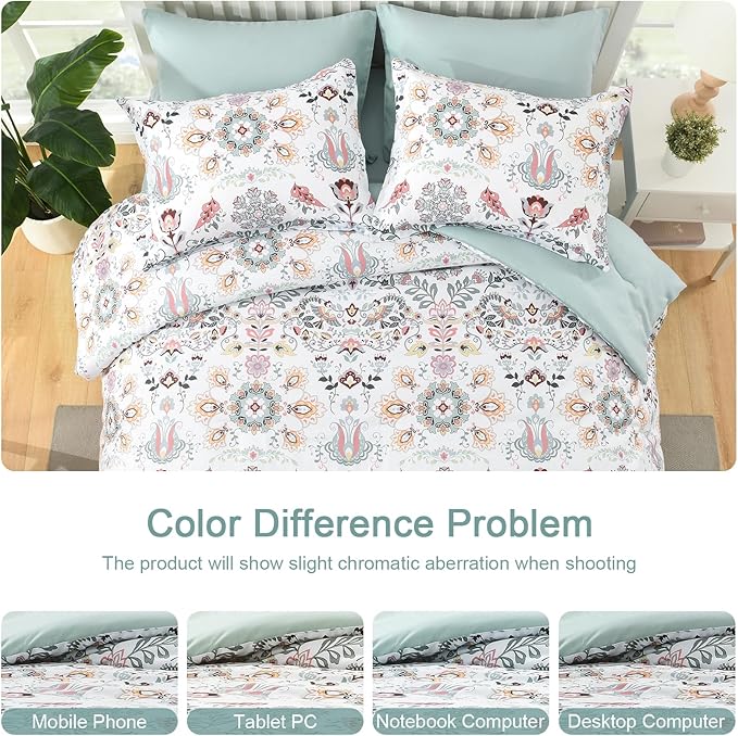 Boho Comforter Set King - 7 Pieces Bed in a Bag Floral Design, Bohemian Comforter Set with Sheets, Soft Microfiber Complete Bedding Sets All Season (Light Green, King)