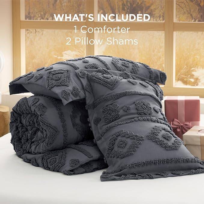 Bedsure Boho Tufted Grey Comforter Set Queen Size, GentleSoft™ 3 Pieces Boho Farmhouse Decor Bedding, Exquisite Shabby Chic Bedding for All Seasons, 1 Bed Comforter, 2 Pillow Shams, 90x90 Inches