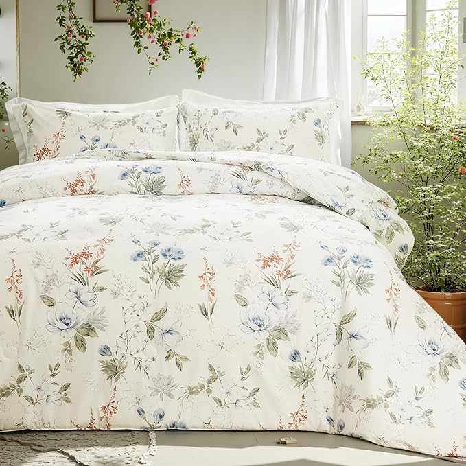 Floral Comforter Set Queen Size 100% Cotton Comforter Green Floral Bedding Comforter Set 3pcs Ultra Soft and Easy Care Reversible Lightweight Bedding Sets