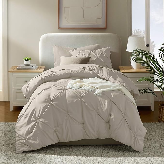 Nestl Twin XL Comforter Set 5 Piece - Pintuck Twin XL Bedding Set Beige, College Dorm Room Essentials Bed in a Bag, Twin XL Comforter Set for College Girls and Boys with Sheets, Pillowcase and Sham