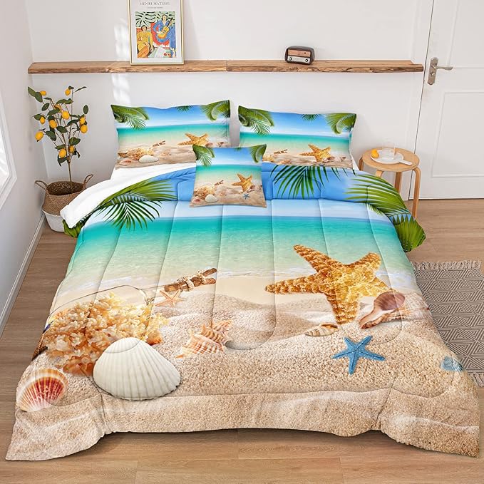 MOVE OVER 4 Pieces King Size Ocean Beach Bedding Set Coastal Bedding Set Starfish and Shells Pattern Ocean Comforter Set for Boys Girls and Teens Tropical Palm Tree Printed Beachy Comforter Set