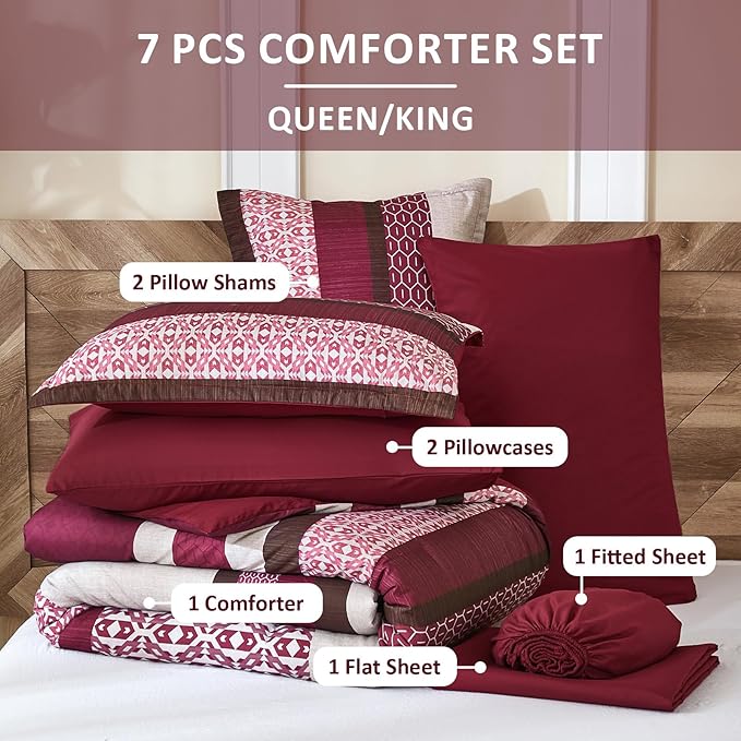 DJY Boho Comforter Set Queen Size,7 Pieces Bed in a Bag Burgundy Red Striped Bedding Sets,Patchwork Soft Microfiber Bedding Set for All Season(90"×90")
