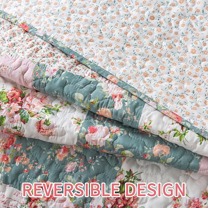 BEDIFANY French Style King Size Quilt Set for Farmhouse - 3 Pieces Cotton Filling Garden Lightweight Bedspreads King with Floral Pattern - All Season Quilt Bedding Sets for Decorations